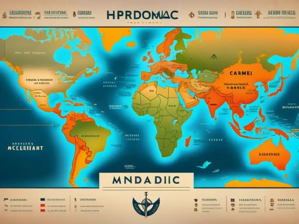 Mapa antiguo detallado de rutas comerciales transcontinentales de mercaderes nómadas, con camellos cargados y mercados bulliciosos