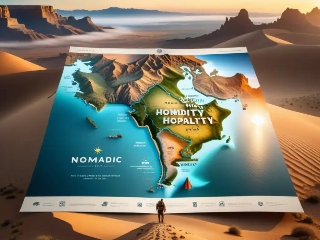 Mapa antiguo detallado de rutas nómadas tribales, con símbolos de hospitalidad y cultura, en un desierto al atardecer