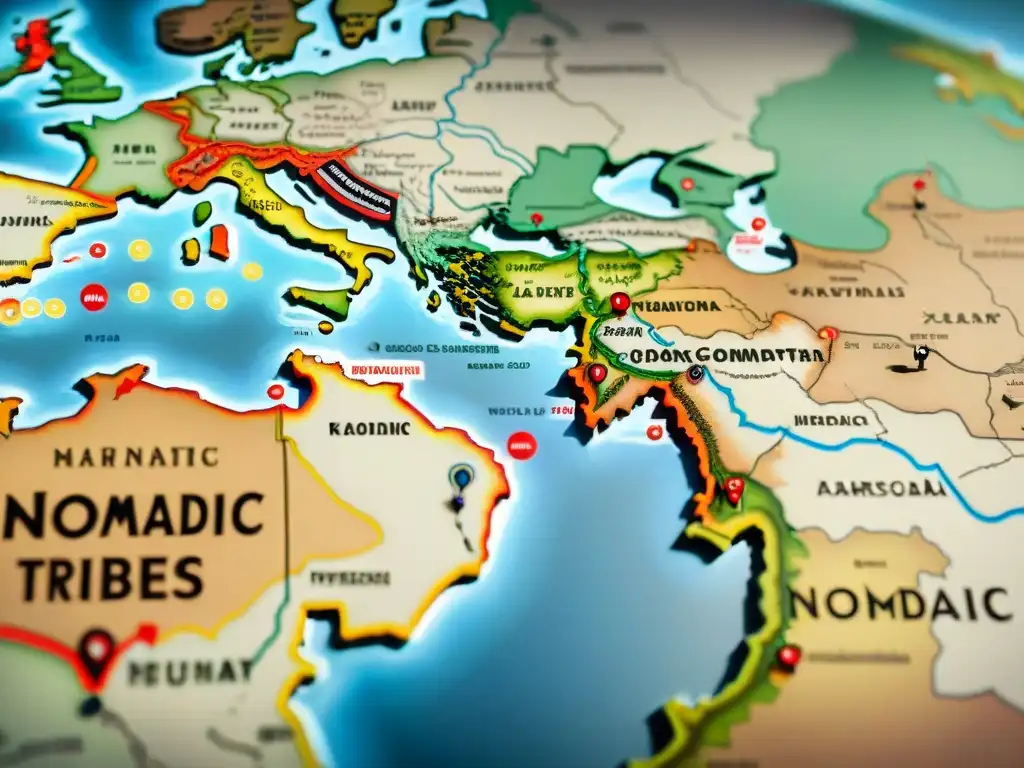 Mapa antiguo detallado de territorios y rutas de tribus nómadas en guerras, destacando la importancia de exploradores