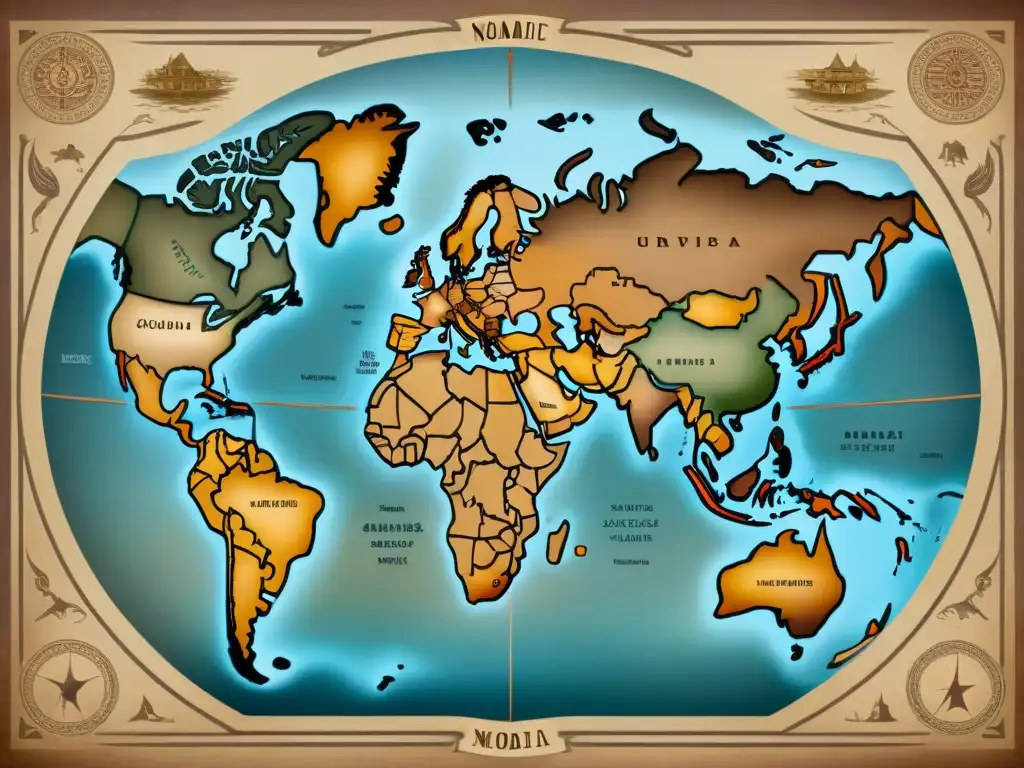 Mapa antiguo detallado de territorios nómadas y alianzas estratégicas con tonos sepia evocando sabiduría ancestral