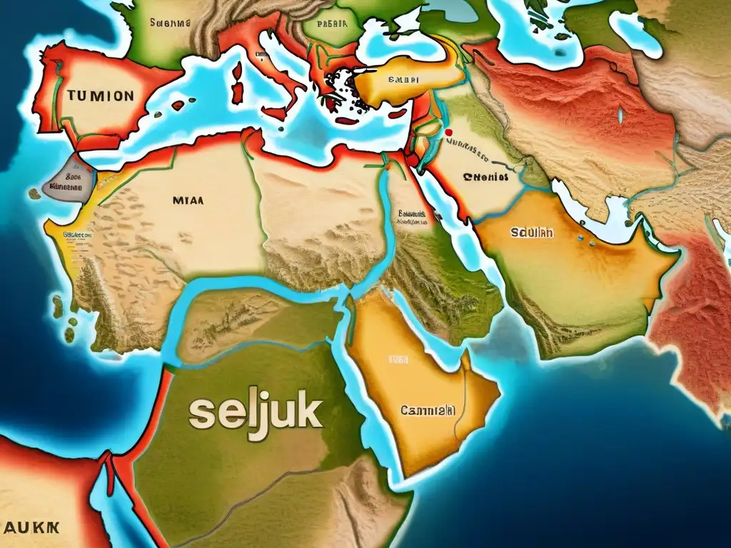 Mapa antiguo detallado de los turcos selyúcidas en Oriente Medio, mostrando su influencia nómada en civilizaciones sedentarias