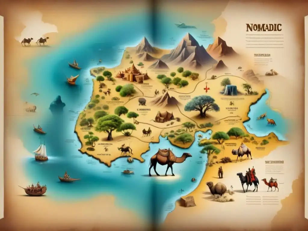 Mapa antiguo de estrategia militar nómada con animales en desierto histórico