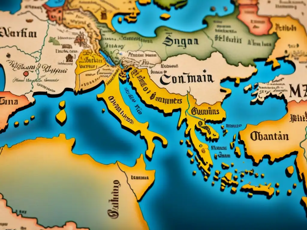 Mapa detallado del Imperio Otomano: expansión histórica y conquistas Mapa antiguo detallando el legado de territorios anexados nómadas por el Imperio Otomano, con fronteras y ciudades clave ilustradas