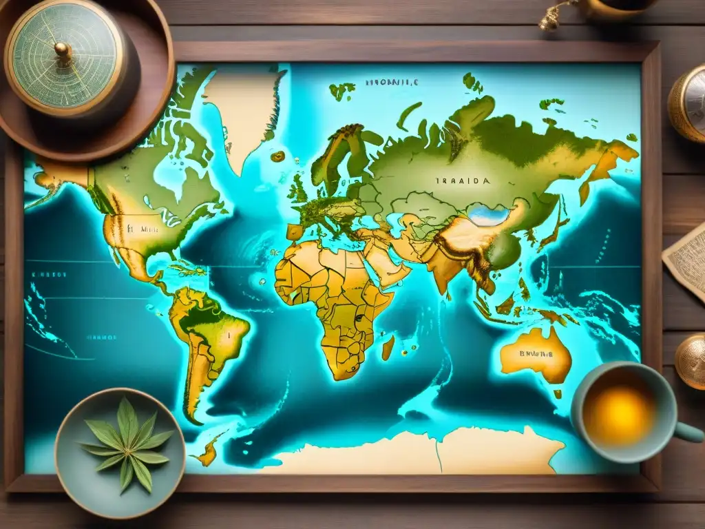 Mapa antiguo de rutas nómadas: historia y descubrimiento Mapa antiguo en mesa de madera con rutas comerciales y tribus nómadas