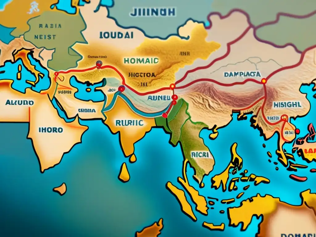 Mapa antiguo detallando la Ruta de la Seda: historia, tribus nómadas, encuentros comerciales y colores terrosos desgastados