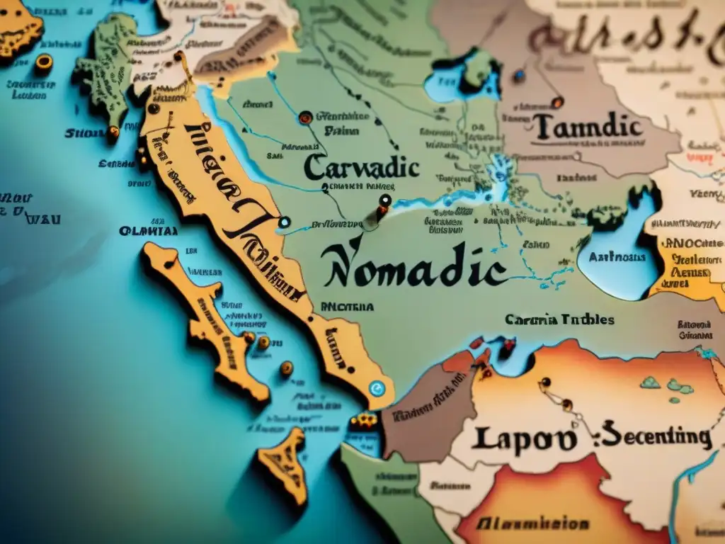 Mapa ancestral de rutas comerciales entre tribus nómadas y sociedades sedentarias Mapa antiguo detallando rutas comerciales entre culturas nómadas y sedentarias