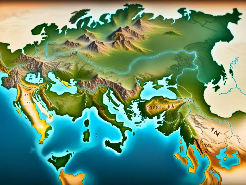 Mapa antiguo detallando rutas comerciales de tribus escitas, con ilustraciones de caballos y seda