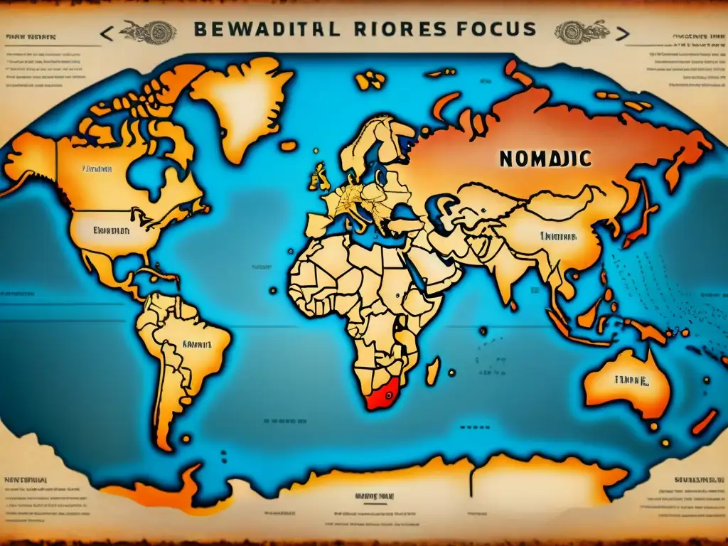 Mapa antiguo de rutas de migración de tribus nómadas a lo largo de la historia, detallado y envejecido, evocando autenticidad histórica