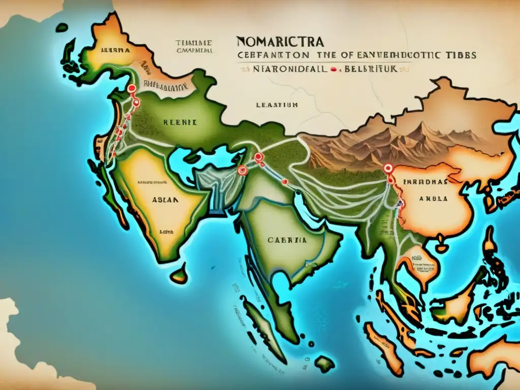 Mapa antiguo detallando rutas migratorias de tribus nómadas en pergamino envejecido