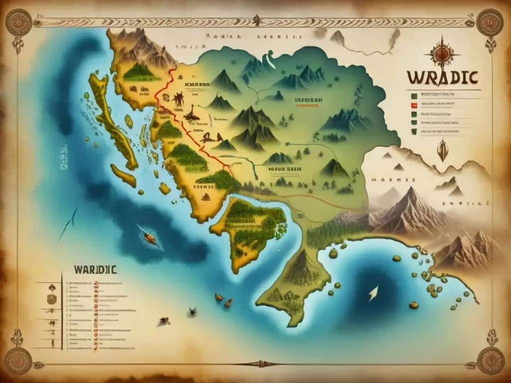 Mapa antiguo con rutas migratorias de tribus guerreras nómadas, detallado en pergamino amarillento