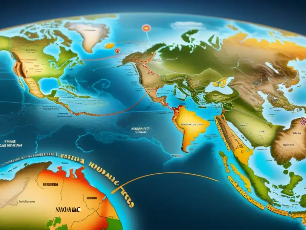 Mapa antiguo de rutas migratorias de tribus nómadas resaltando diversidad genética y cultural