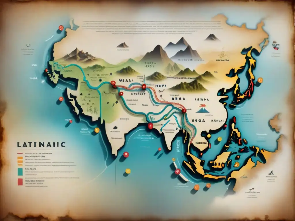 Mapa antiguo de rutas migratorias de tribus nómadas con avances arqueogenéticos y símbolos ancestrales