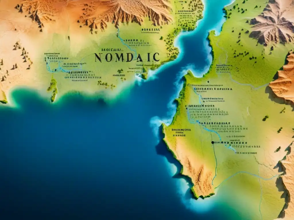 Mapa antiguo de rutas nómadas en sepia con símbolos y territorios tribales