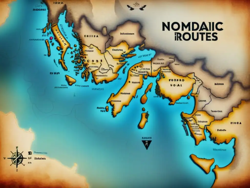 Mapa antiguo detallando rutas nómadas con símbolos y códigos, revelando comunicación codificada de tribus nómadas