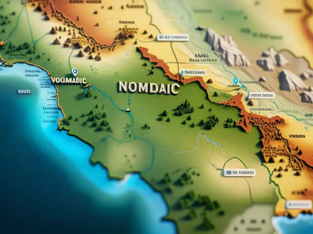 Mapa antiguo detallando rutas nómadas y estrategias de Administración de recursos en culturas nómadas, en tonos terrosos en pergamino envejecido