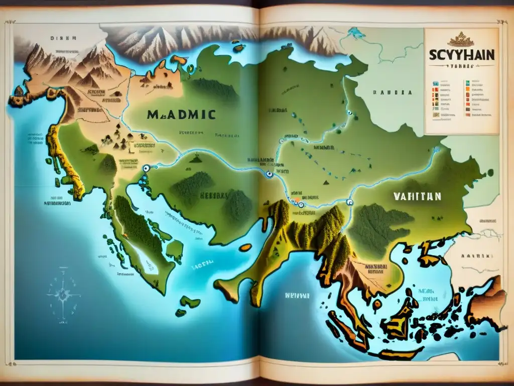 Mapa antiguo detallando los territorios de los misteriosos líderes escitas en su estilo de vida nómada, con notas en antiguo script