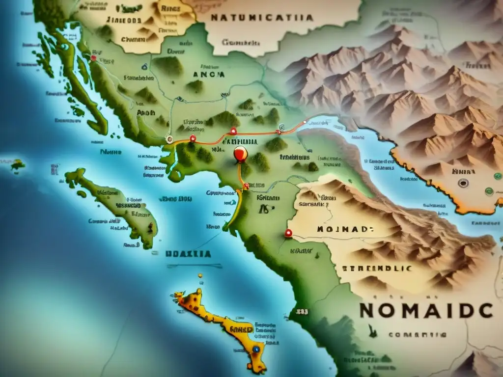 Mapa antiguo detallando territorios nómadas con herramientas administrativas en sepia