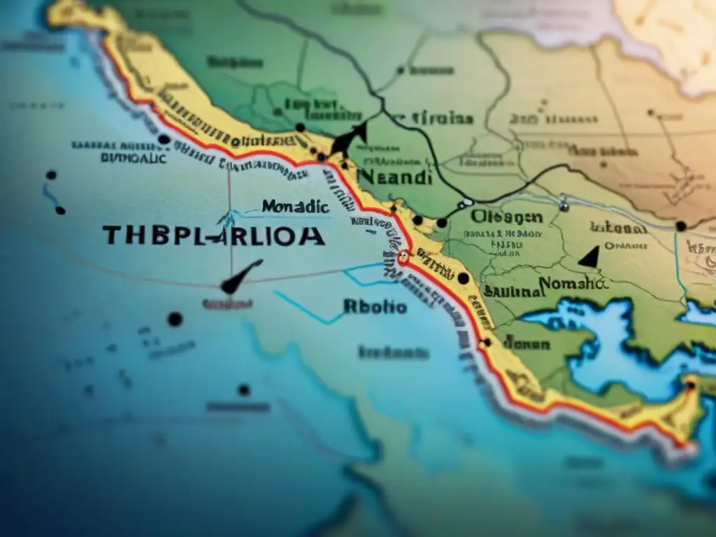 Mapa antiguo detallando tratados tribus nómadas historia, rutas comerciales y territorios disputados