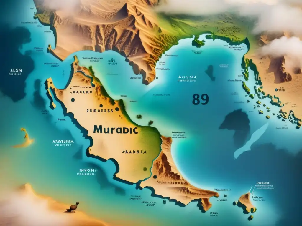 Mapa antiguo de tribus nómadas en desierto, con símbolos y rutas entrelazadas