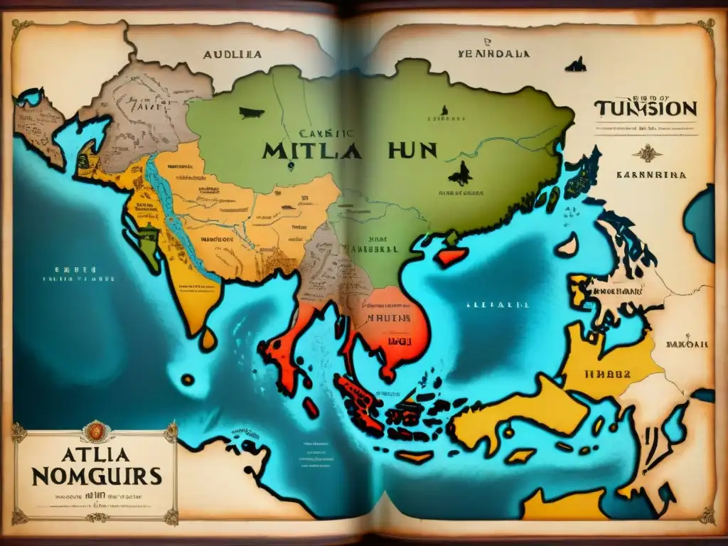 Mapa antiguo mostrando el vasto territorio del temible Imperio Huno, con tribus nómadas y guerreros en batalla, reflejando el legado de la historia