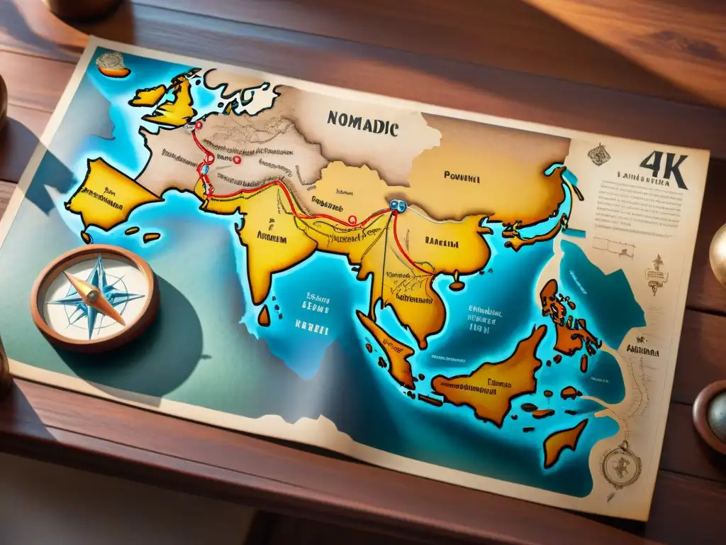 Un mapa de cuero desgastado con diseño intrincado sobre una mesa de madera, mostrando rutas nómadas de líderes tribales militares