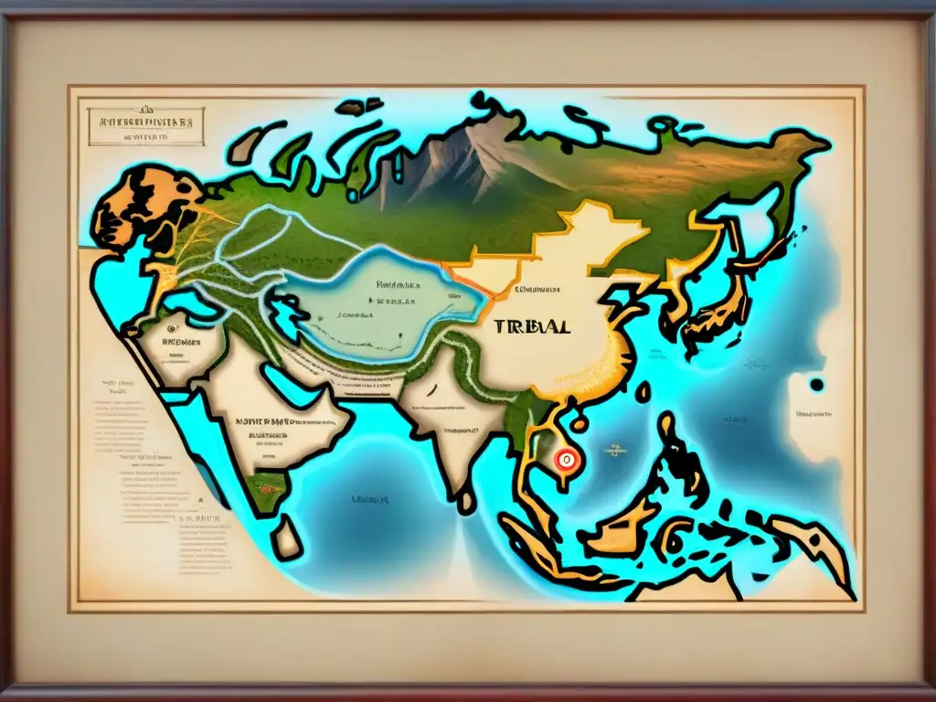 Mapa detallado de alianzas tribus estepas geopolítica asiática en pergamino envejecido con símbolos únicos y bordes dorados ornamentales