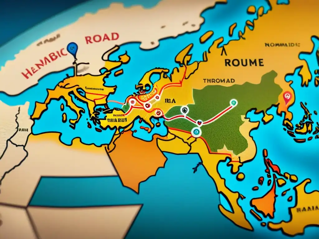 Mapa detallado de la antigua Ruta de la Seda con tribus nómadas intercambiando cultura e historia a lo largo de la ruta histórica