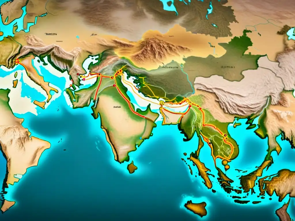 Mapa detallado de la antigua Ruta de la Seda, con tribus nómadas y caravanas ilustradas en tonos sepia