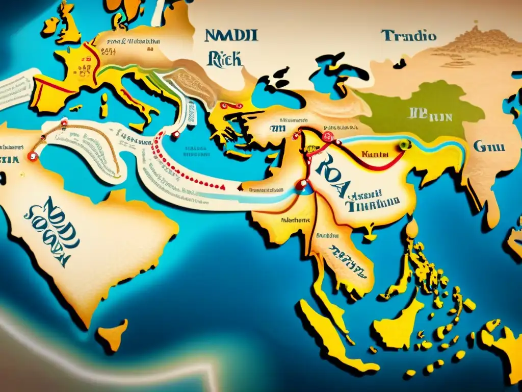 Mapa detallado de la antigua Ruta de la Seda, con tonos terrosos y caravanas ilustradas, destacando tribus nómadas historia comercio mundial