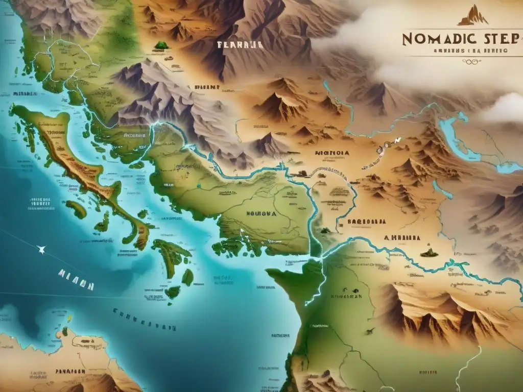 Mapa detallado de las antiguas estepas con rutas de tribus nómadas, geoarqueología y tonos sepia