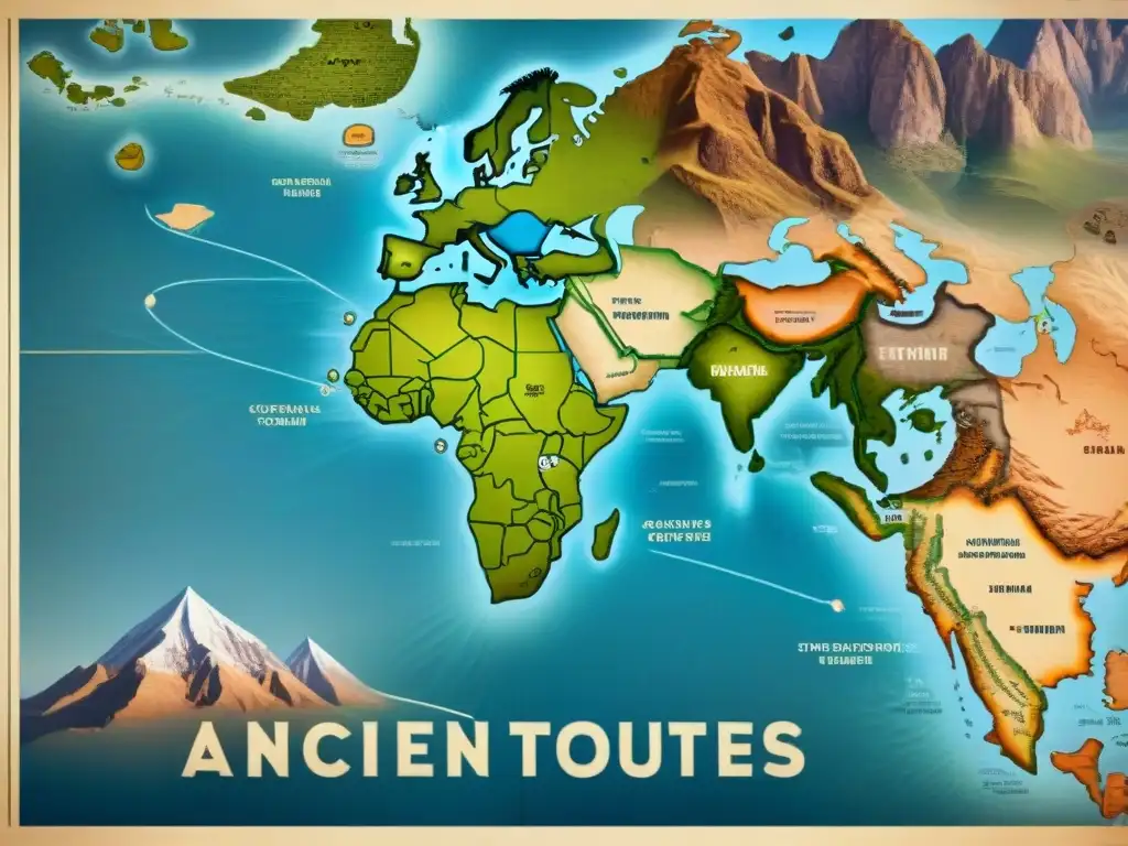 Mapa detallado de antiguas rutas comerciales, con caminos intrincados a través de desiertos, montañas y ríos