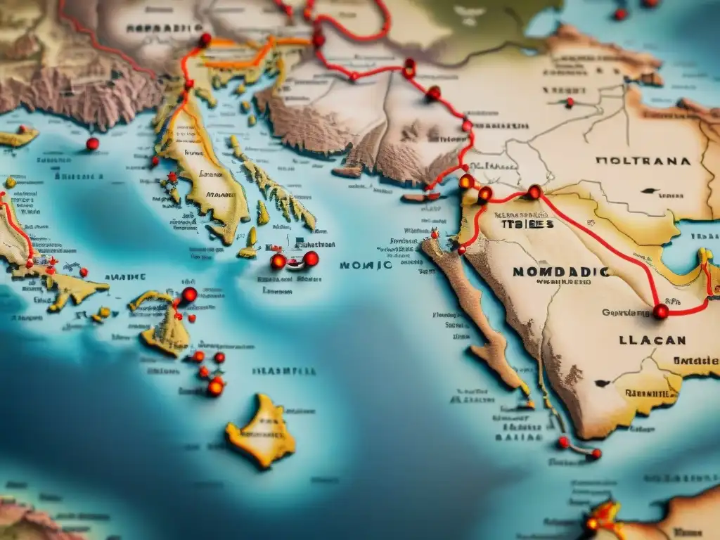 Mapa detallado de antiguas rutas de migraciones nómadas en tonos sepia con marcas y etiquetas, Misterios migraciones nómadas resolver