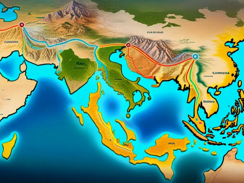 Mapa detallado de las antiguas rutas comerciales de la Ruta de la Seda, destacando tribus nómadas y paisajes exóticos