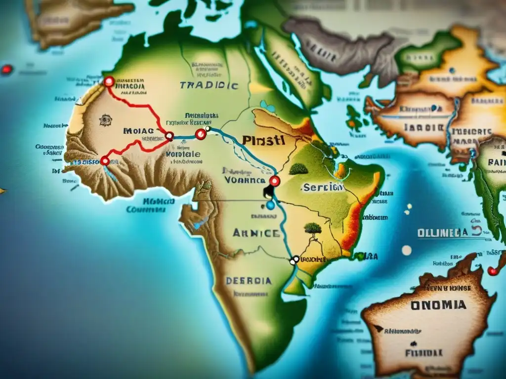 Mapa detallado de comercio nómada con rutas antiguas y productos exóticos, evocando misterio y aventura