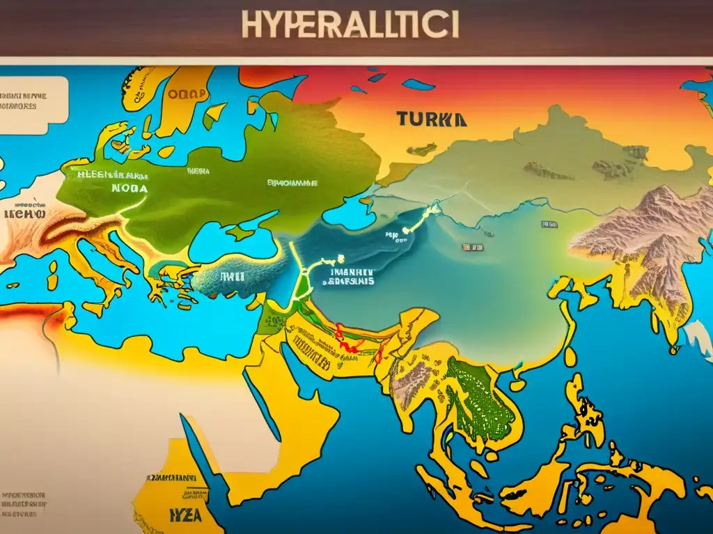 Mapa detallado de las dinastías nómadas, intercambio cultural global en Eurasia, ilustraciones vibrantes de la vida nómada y rutas comerciales