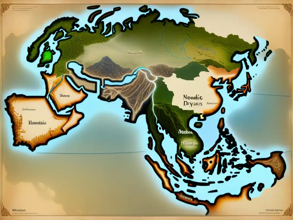 Mapa detallado de dinastías nómadas: territorios, rutas migratorias y legado cultural en tono sepia