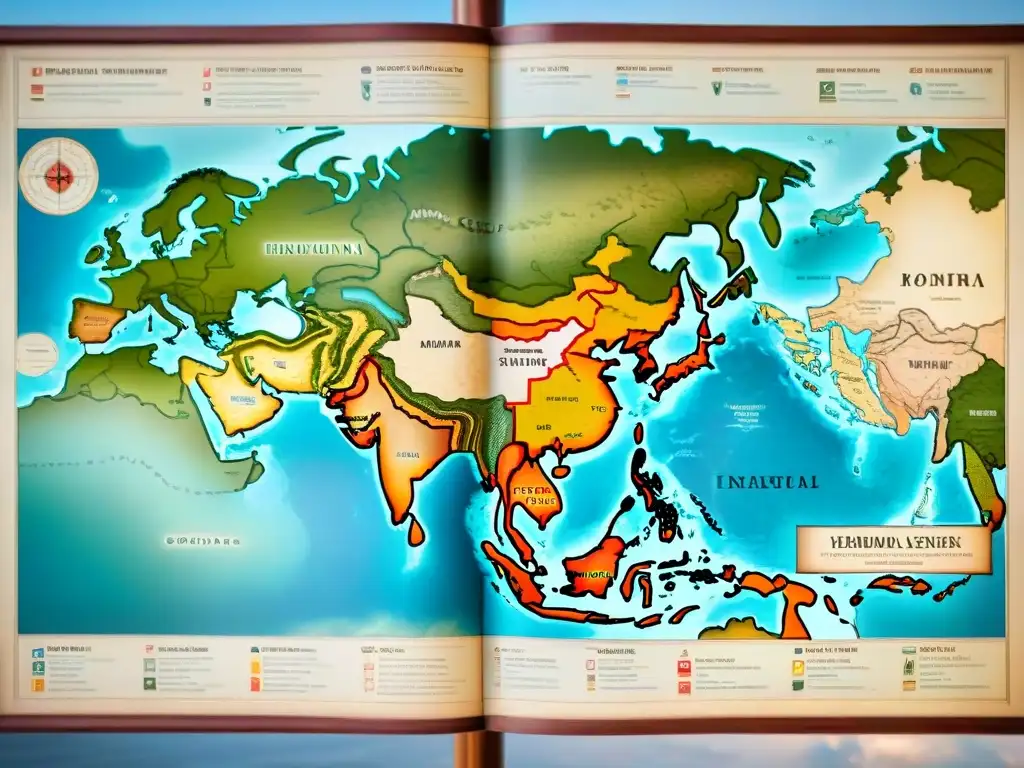 Mapa detallado de expansiones imperiales nomádicas Mapa detallado de dinastías nómadas expandieron imperios, con fronteras intricadas y landmarks, tonos desgastados y elementos ornamentales