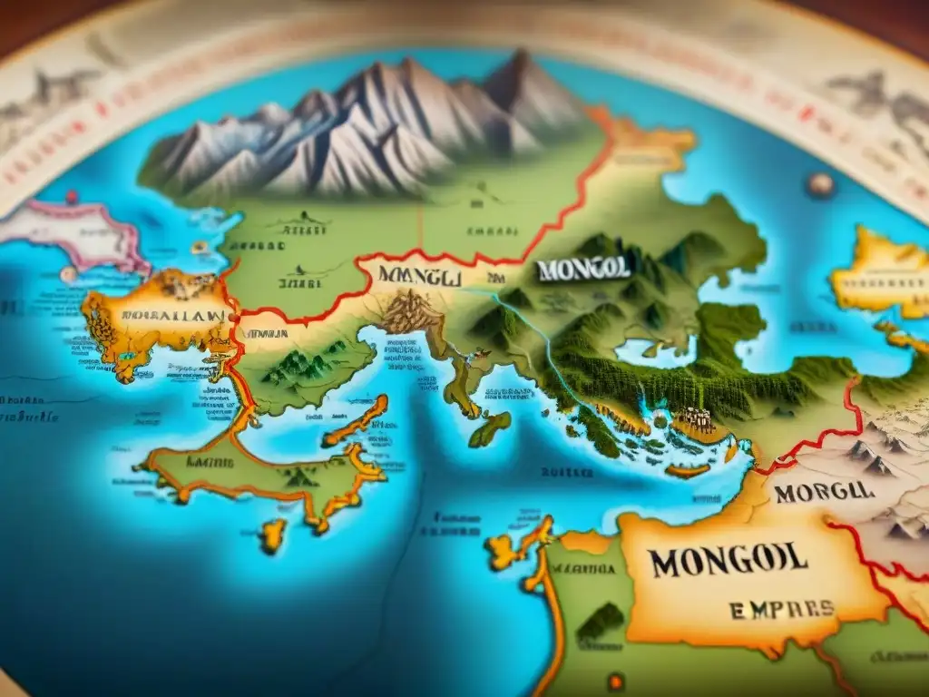 Mapa detallado del Imperio Mongol: territorios conquistados, paisajes y rutas comerciales Mapa detallado de las dinastías nómadas expandieron imperios, mostrando territorios, ciudades y rutas comerciales bajo dominio mongol