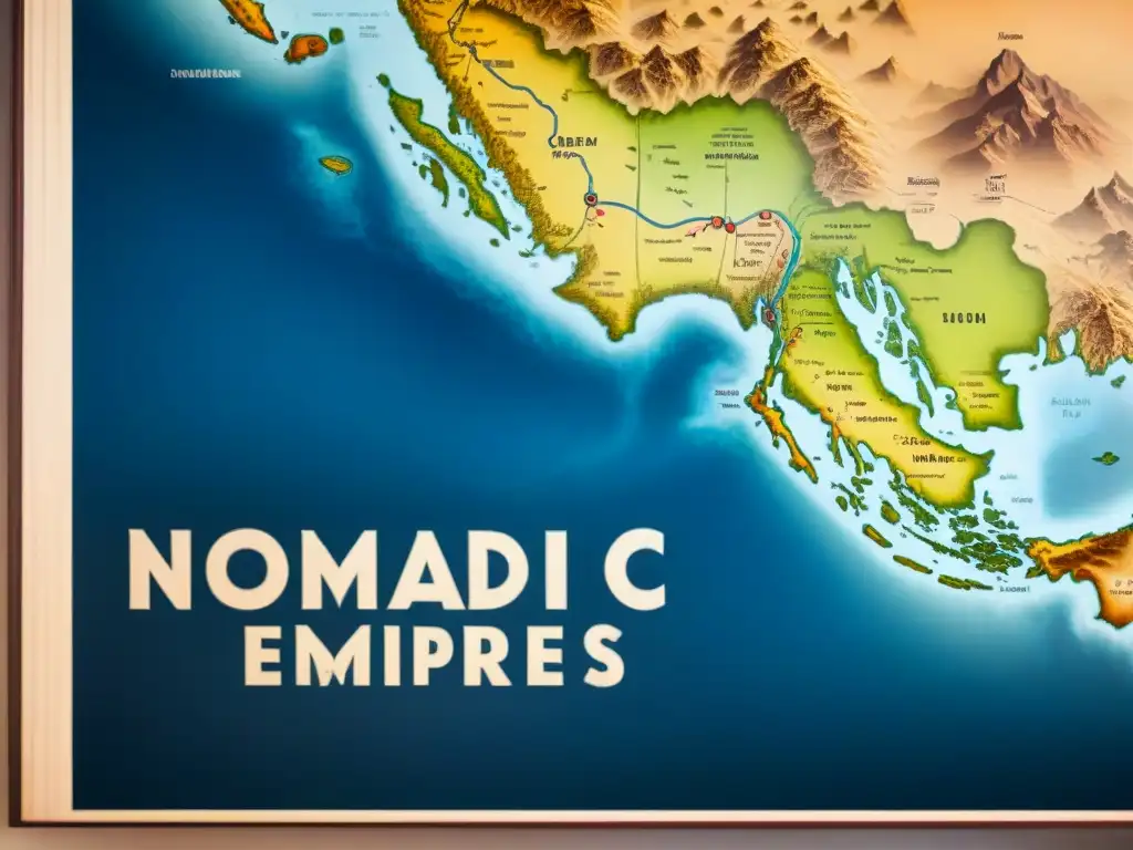 Mapa detallado de imperios nómadas: rutas de expansión y conquistas Mapa detallado de dinastías nómadas expandieron imperios en paisajes vastos con ilustraciones intrincadas y símbolos elaborados