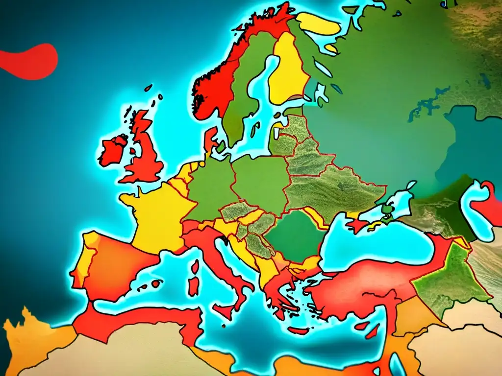 Mapa detallado de la expansión de los hunos en Europa occidental, con guerreros hunos a caballo conquistando territorios