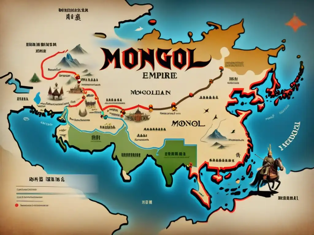 Mapa detallado del Imperio Mongol en su apogeo, con guerreros a caballo y ciudades clave