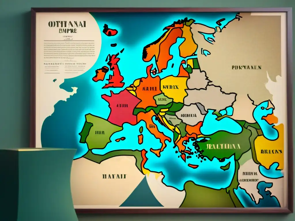 Mapa detallado de la expansión del Imperio Otomano, con tonos terrosos y elementos de la cultura otomana