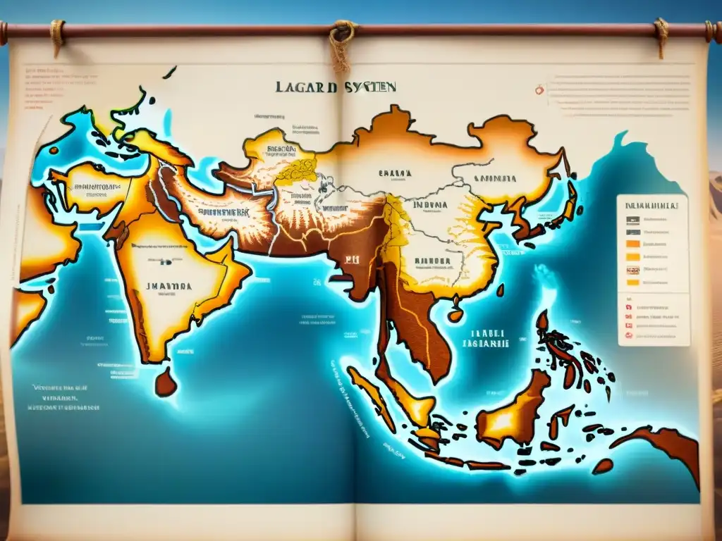 Mapa detallado de sistemas legales en la Ruta de la Seda Mapa detallado de la justicia nómada en la Ruta de la Seda, con tonos parcheminados y dibujos de camellos y caravanas