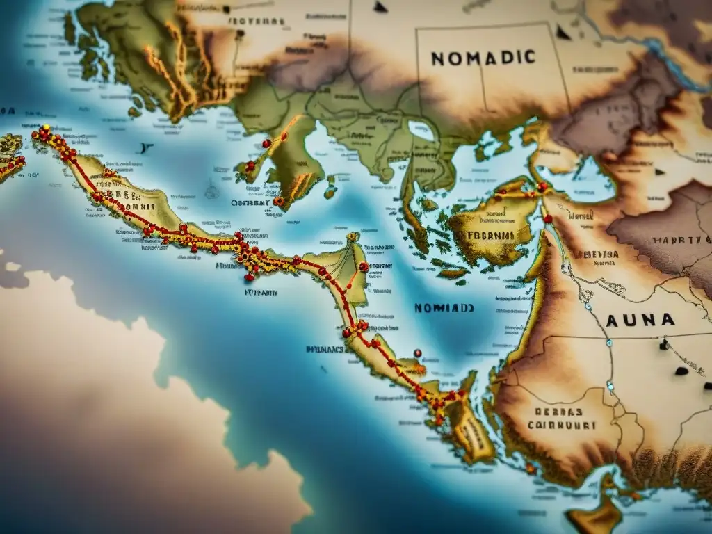 Mapa detallado de líderes nómadas: rutas, ubicaciones estratégicas y símbolos antiguos en tonos sepia, evocando misterio y planificación estratégica