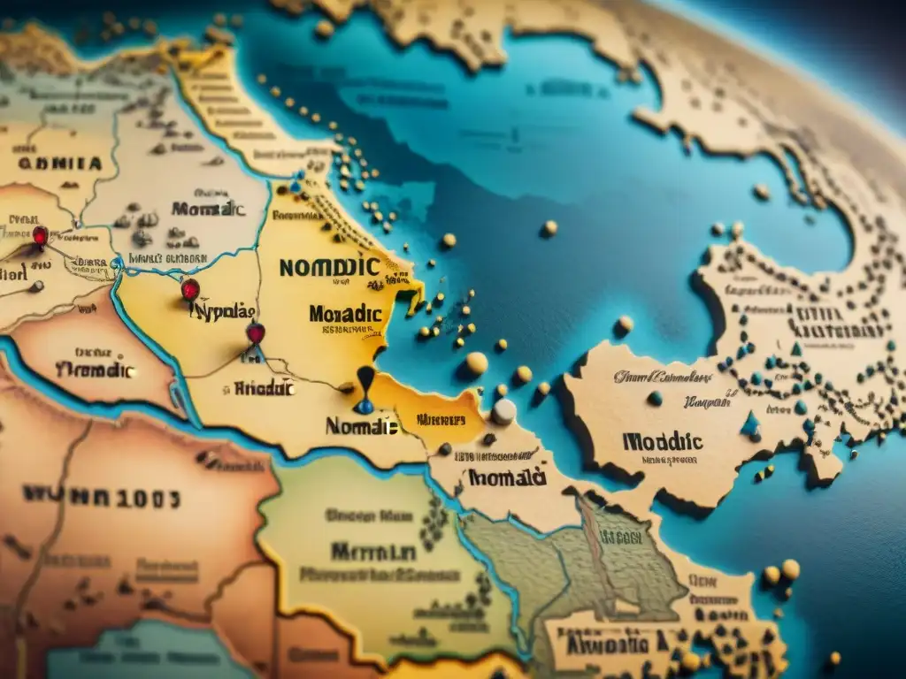 Mapa detallado de migración de tribus nómadas a lo largo de la historia, con un aura de misterio y sabiduría antigua