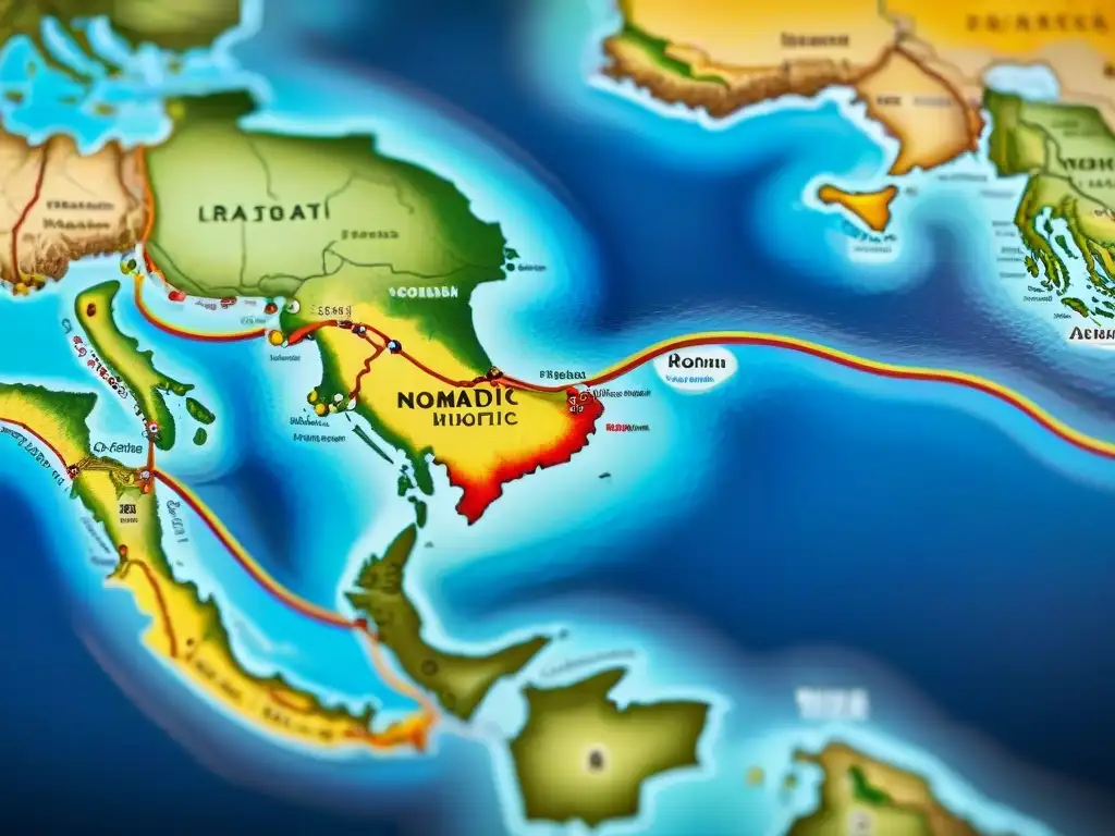 Mapa detallado de migración de tribus nómadas a lo largo de la historia, resaltando su cultura y legado