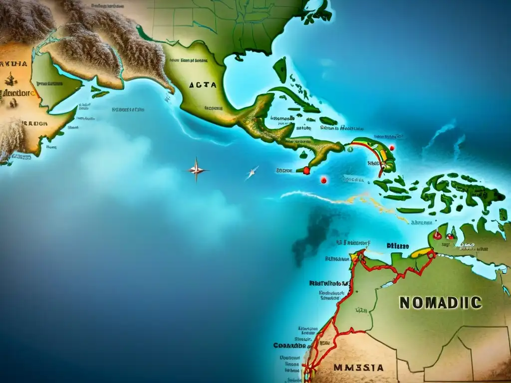 Mapa detallado de migración de tribus nómadas a lo largo de la historia, con ilustraciones de campamentos y artefactos culturales