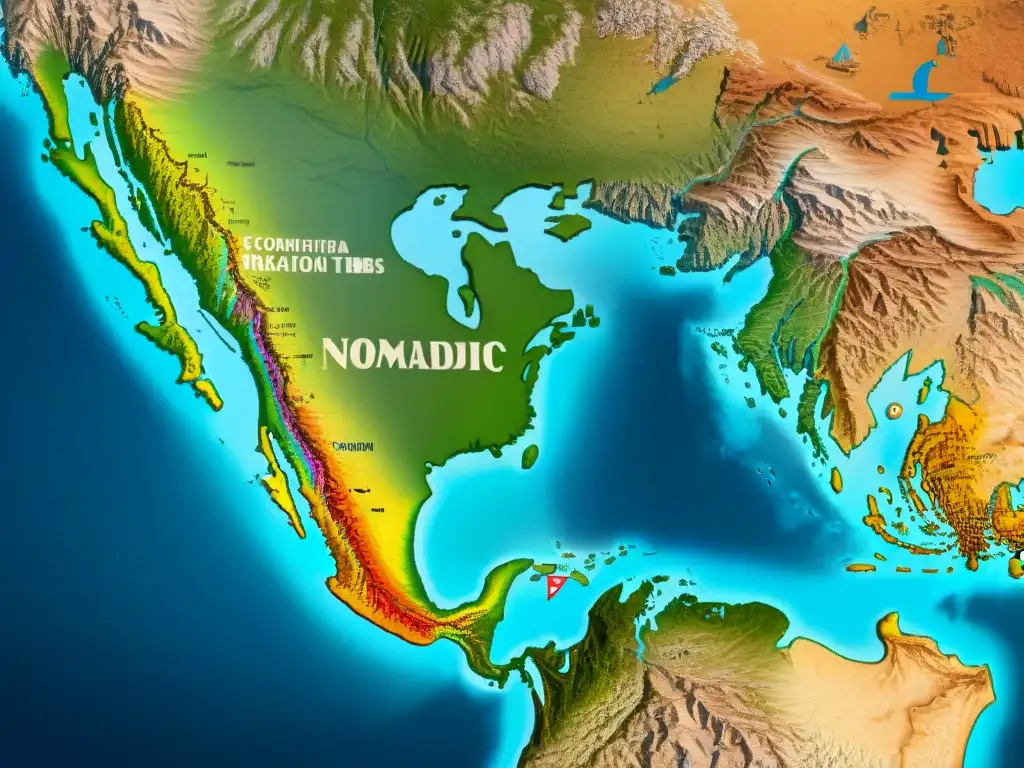 Mapa detallado de migraciones de tribus nómadas a lo largo de la historia, con colores vibrantes que evocan exploración antigua