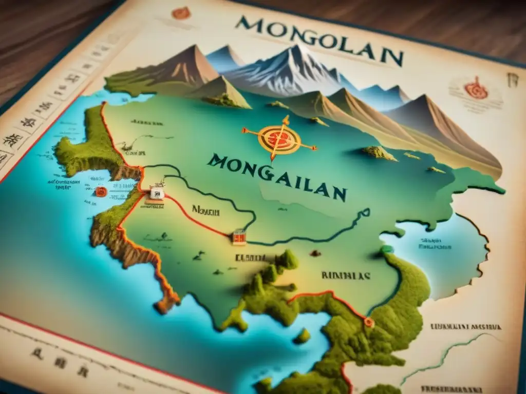 Mapa detallado de la estepa mongola con mitos y leyendas de tribus nómadas