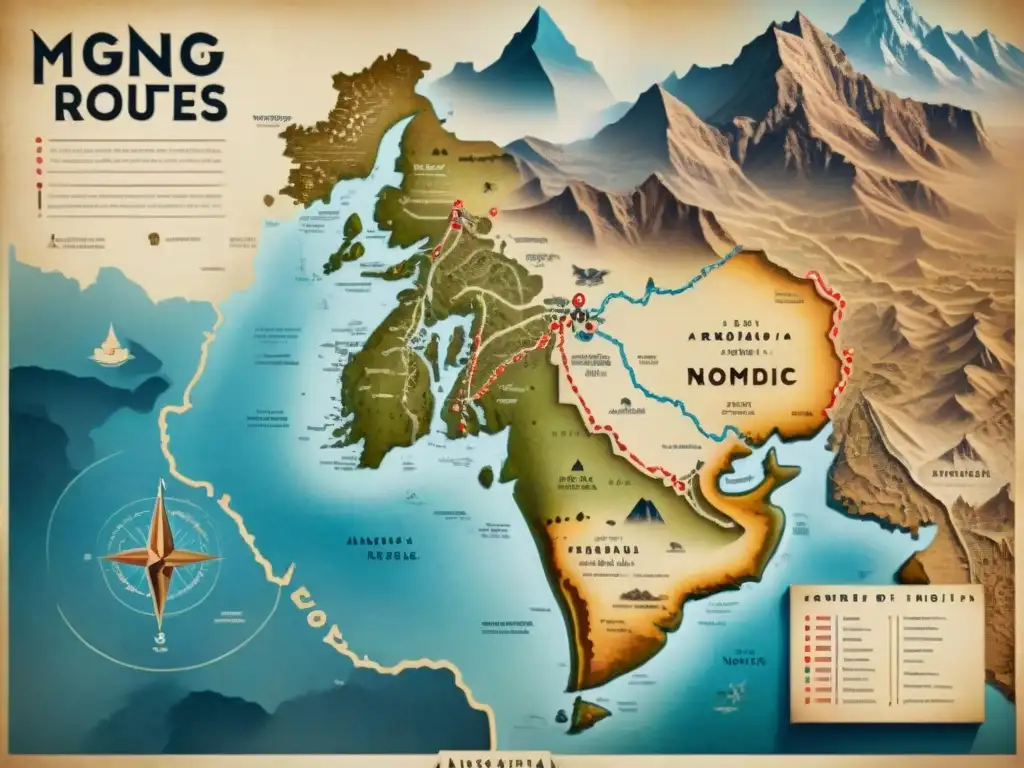 Mapa detallado muestra patrones migración tribus nómadas en pergamino antiguo con símbolos y caligrafía